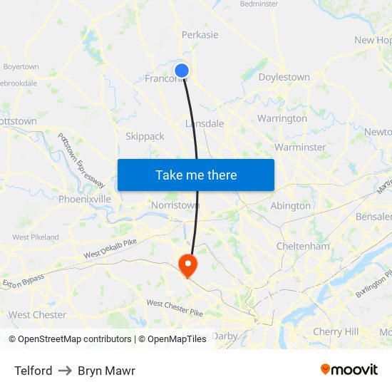 Telford to Bryn Mawr map