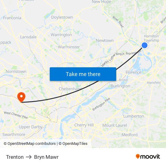 Trenton to Bryn Mawr map