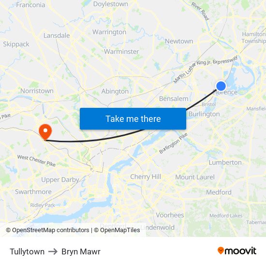 Tullytown to Bryn Mawr map