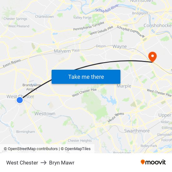 West Chester to Bryn Mawr map