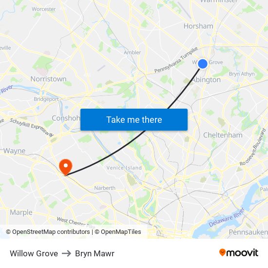 Willow Grove to Bryn Mawr map