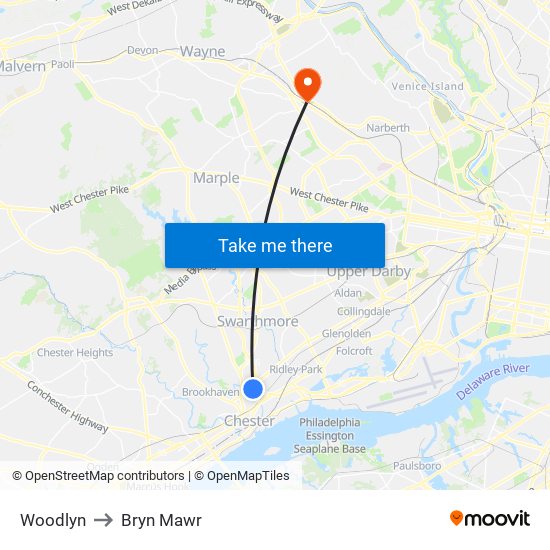 Woodlyn to Bryn Mawr map