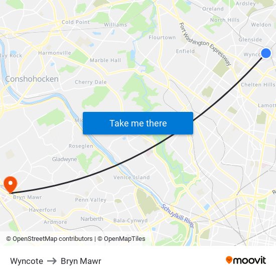 Wyncote to Bryn Mawr map