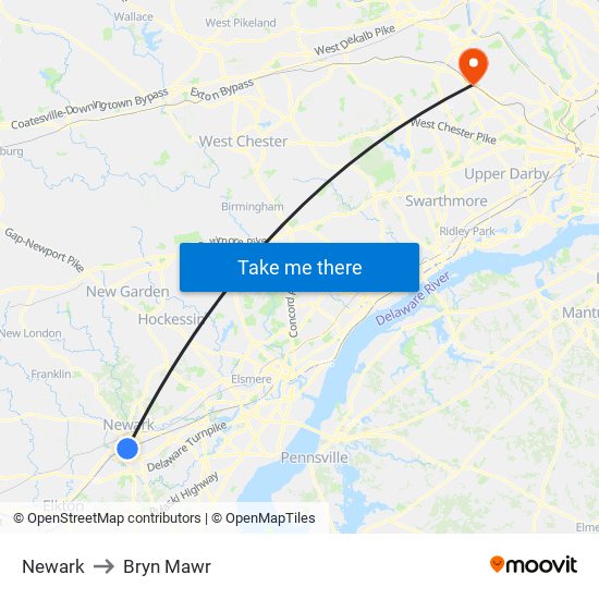 Newark to Bryn Mawr map