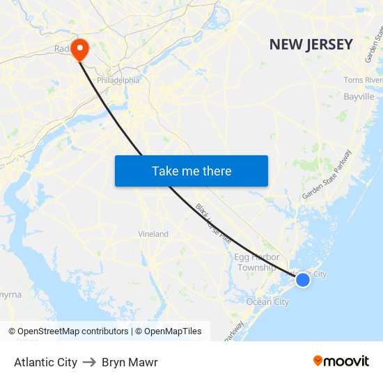 Atlantic City to Bryn Mawr map