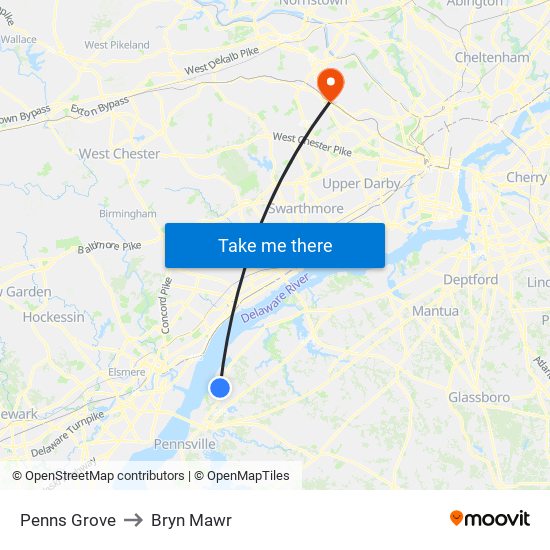 Penns Grove to Bryn Mawr map
