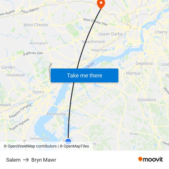 Salem to Bryn Mawr map