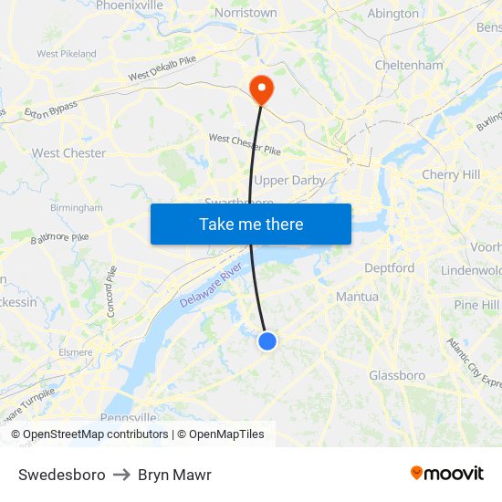 Swedesboro to Bryn Mawr map