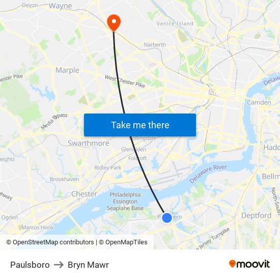 Paulsboro to Bryn Mawr map