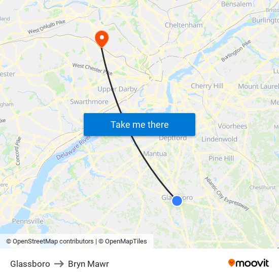 Glassboro to Bryn Mawr map