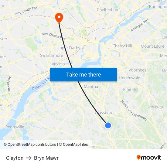 Clayton to Bryn Mawr map