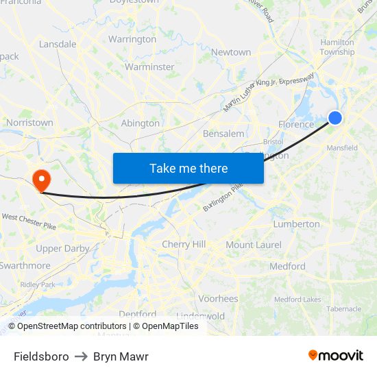 Fieldsboro to Bryn Mawr map