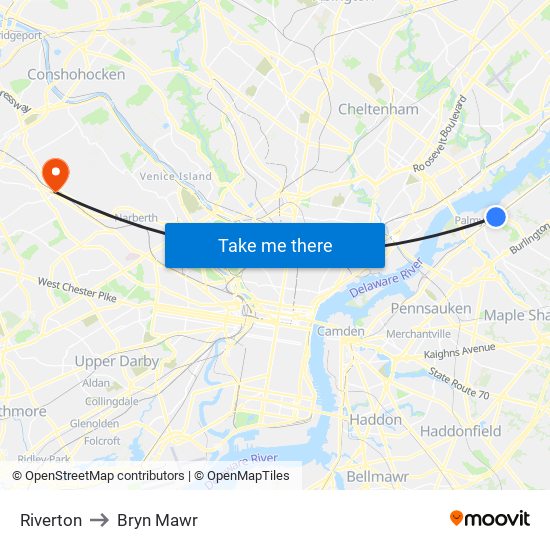Riverton to Bryn Mawr map
