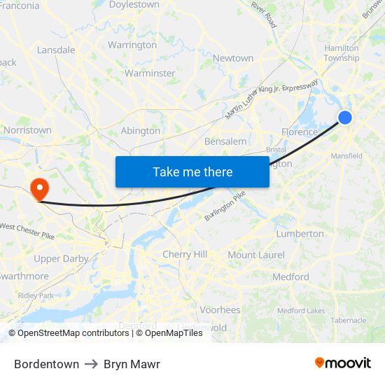 Bordentown to Bryn Mawr map