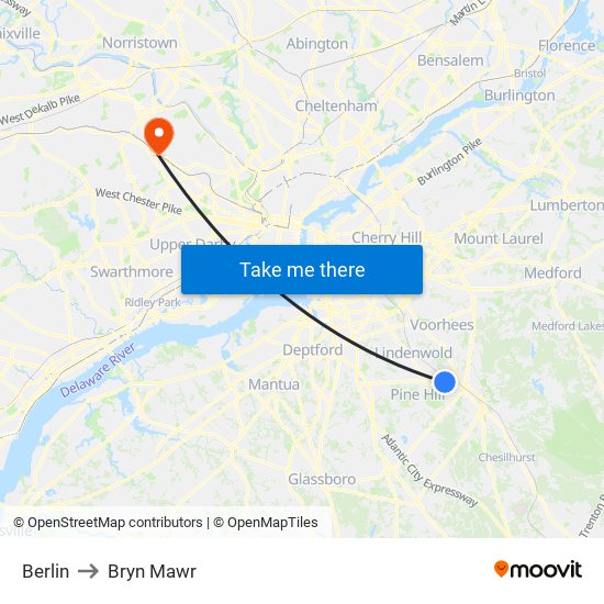 Berlin to Bryn Mawr map