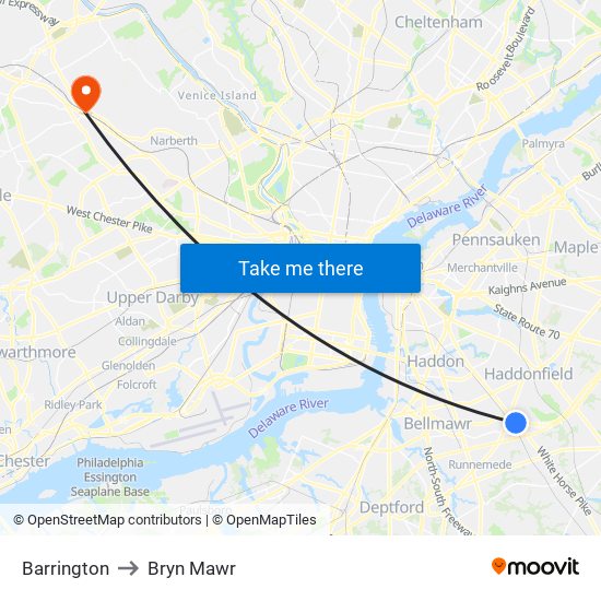 Barrington to Bryn Mawr map