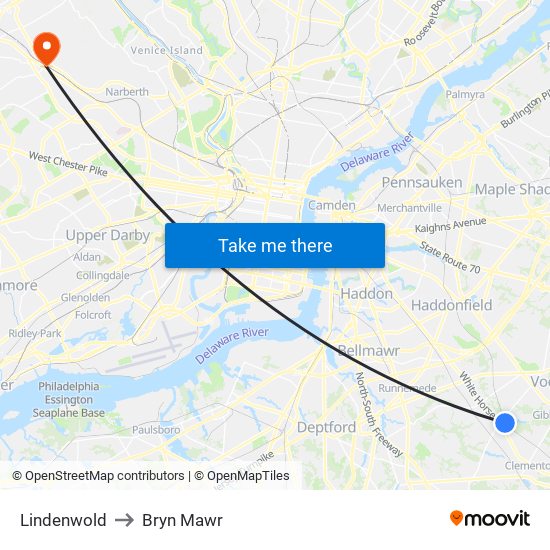 Lindenwold to Bryn Mawr map
