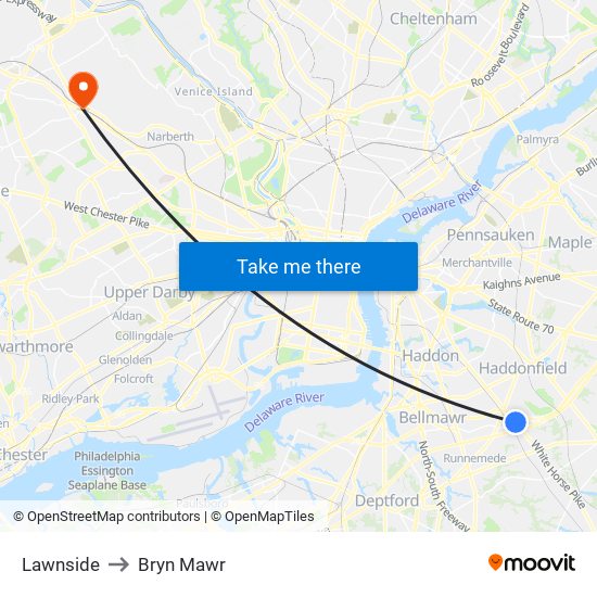 Lawnside to Bryn Mawr map