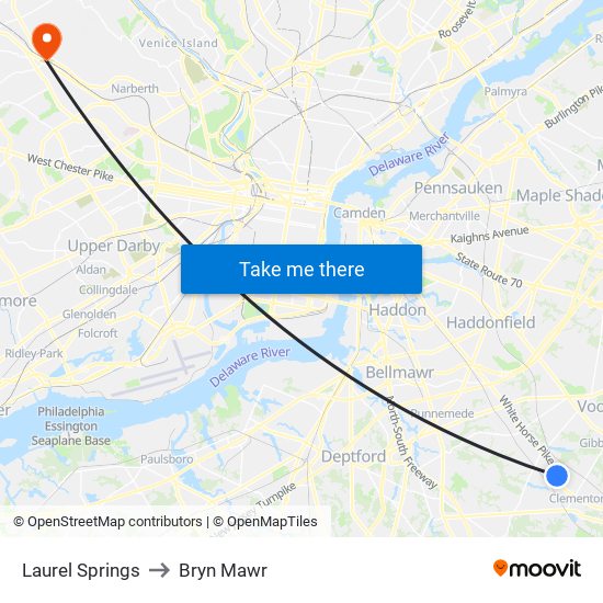 Laurel Springs to Bryn Mawr map