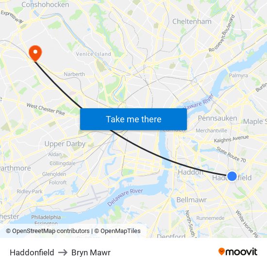 Haddonfield to Bryn Mawr map