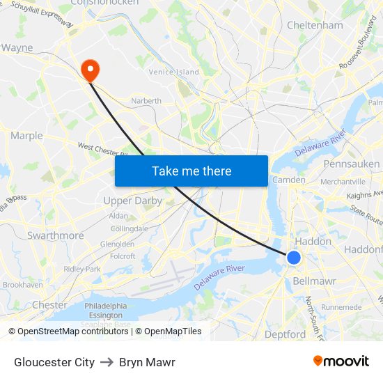 Gloucester City to Bryn Mawr map