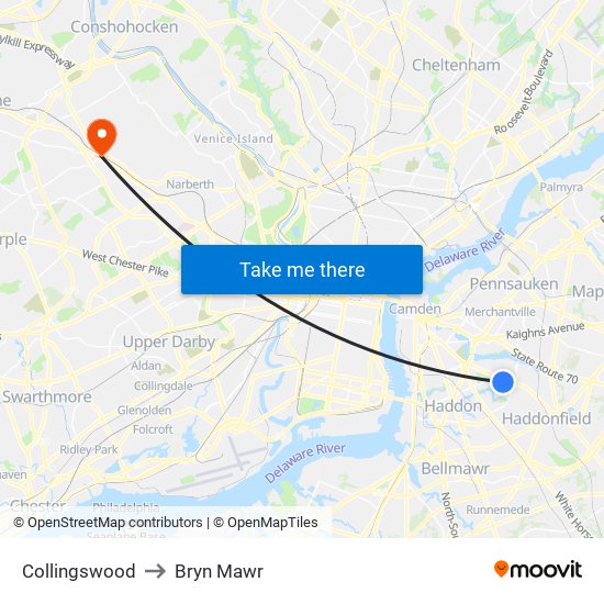 Collingswood to Bryn Mawr map