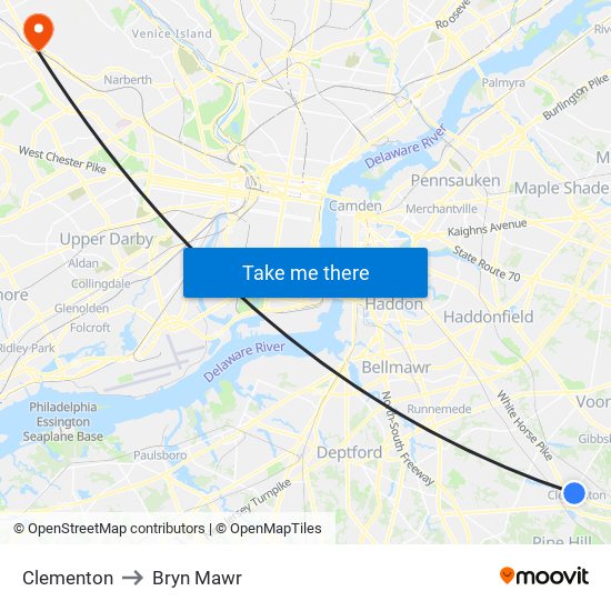Clementon to Bryn Mawr map