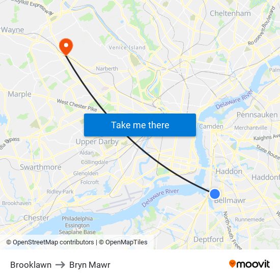 Brooklawn to Bryn Mawr map