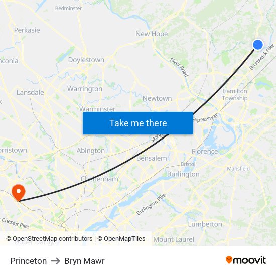 Princeton to Bryn Mawr map