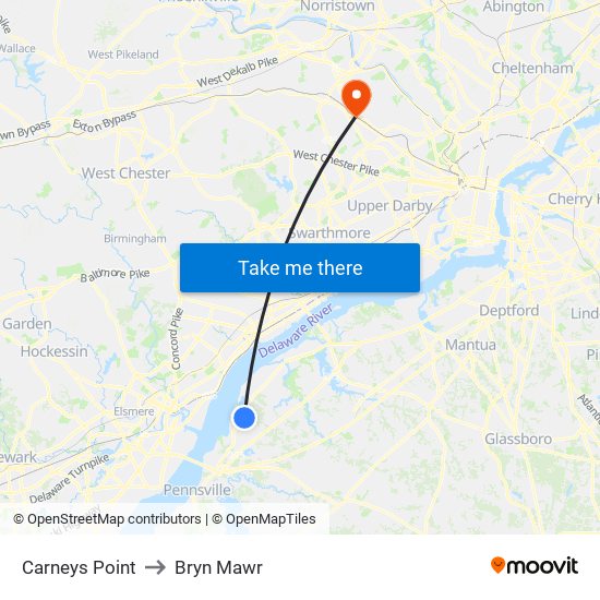 Carneys Point to Bryn Mawr map