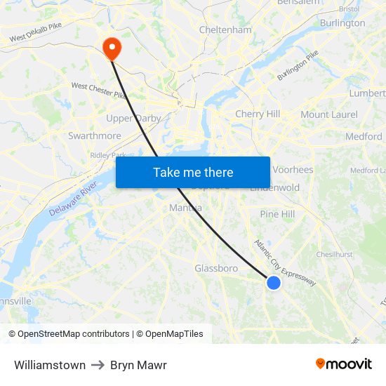 Williamstown to Bryn Mawr map