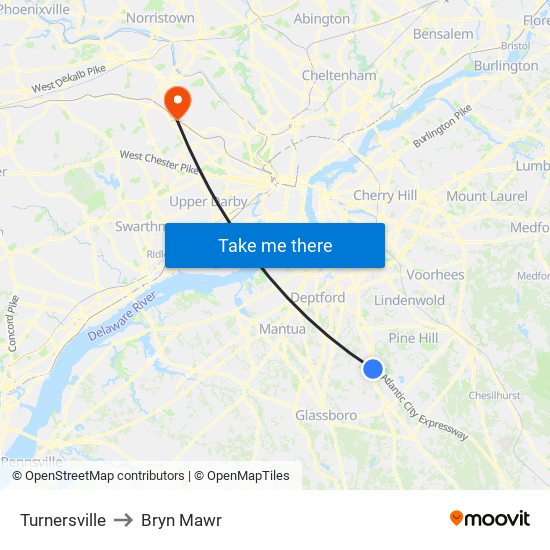 Turnersville to Bryn Mawr map