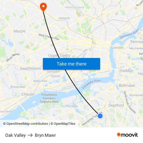 Oak Valley to Bryn Mawr map