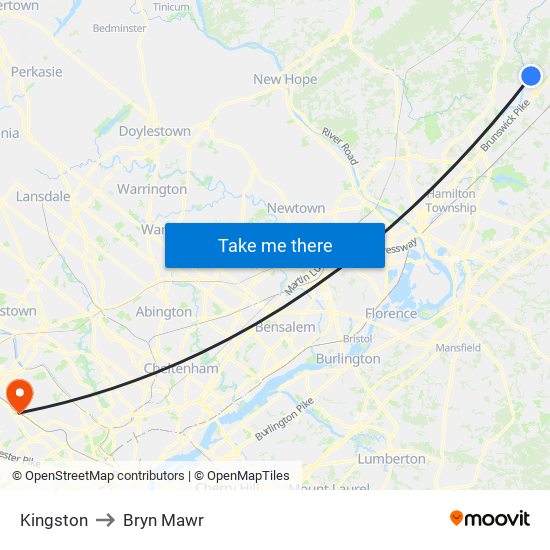 Kingston to Bryn Mawr map