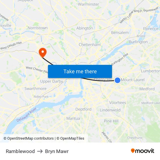 Ramblewood to Bryn Mawr map
