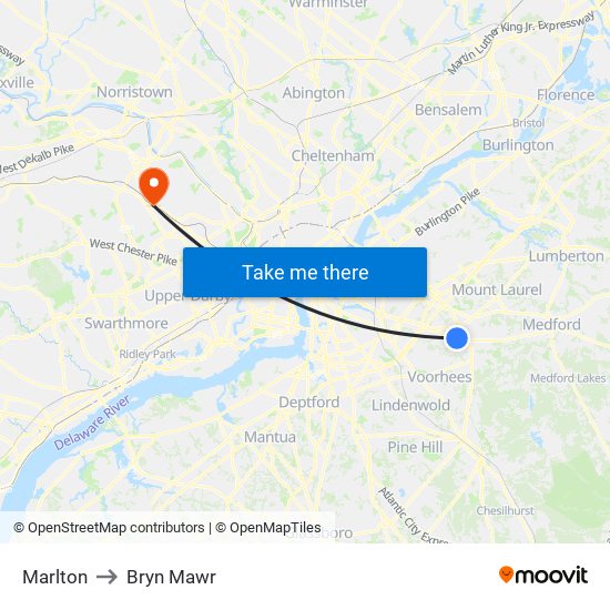 Marlton to Bryn Mawr map