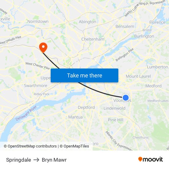 Springdale to Bryn Mawr map