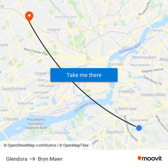 Glendora to Bryn Mawr map