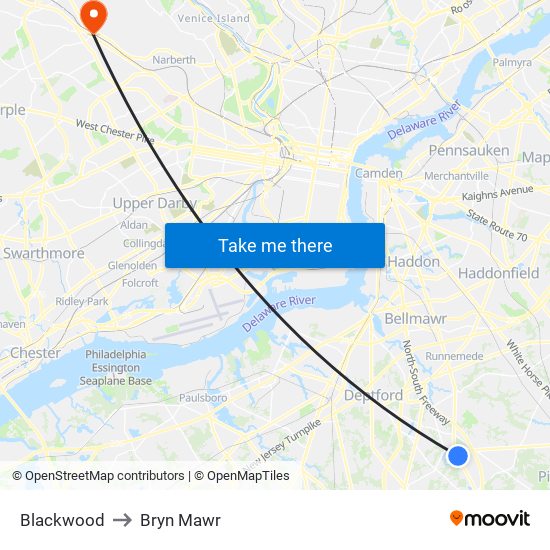 Blackwood to Bryn Mawr map