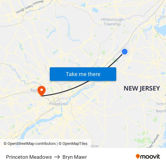 Princeton Meadows to Bryn Mawr map