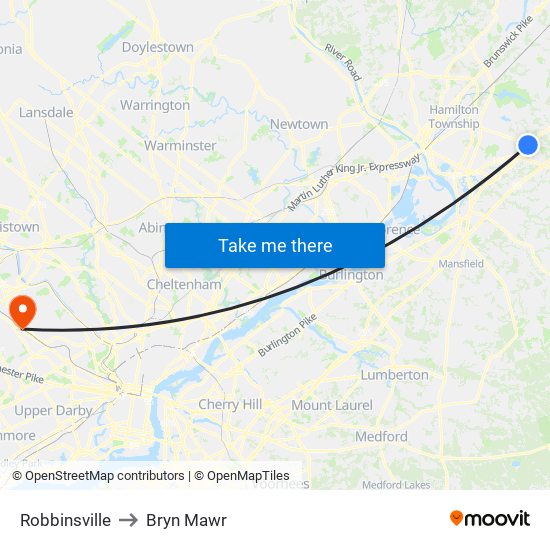 Robbinsville to Bryn Mawr map