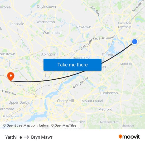 Yardville to Bryn Mawr map