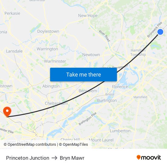 Princeton Junction to Bryn Mawr map