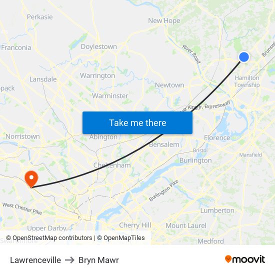 Lawrenceville to Bryn Mawr map