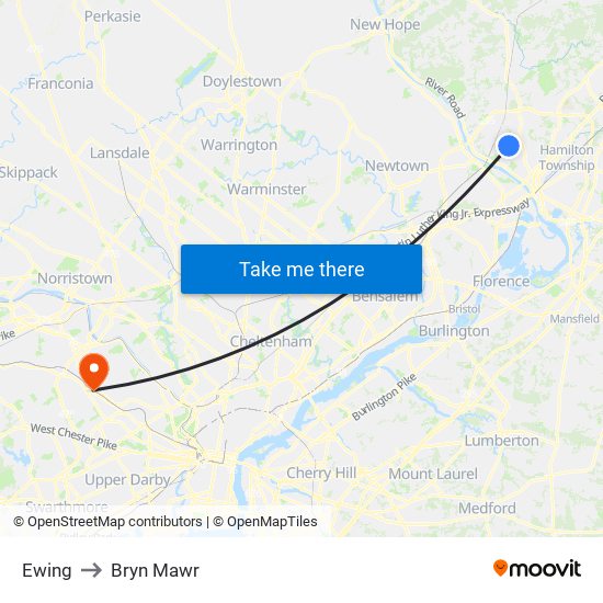 Ewing to Bryn Mawr map