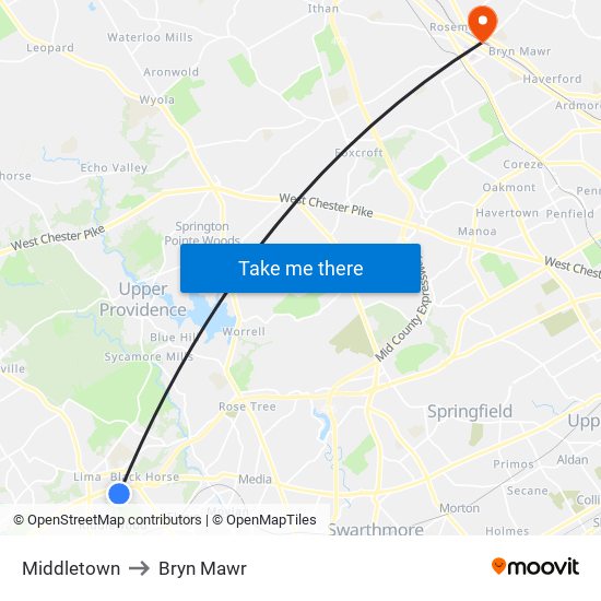 Middletown to Bryn Mawr map