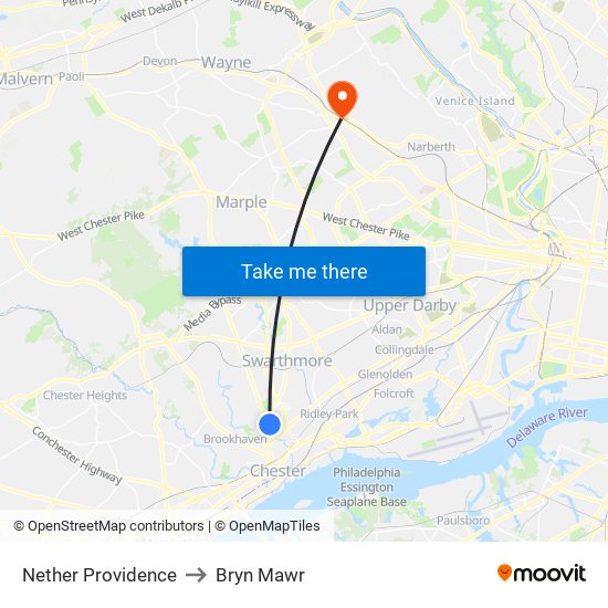 Nether Providence to Bryn Mawr map