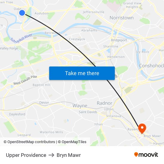 Upper Providence to Bryn Mawr map
