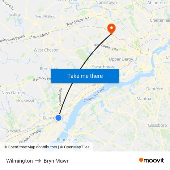 Wilmington to Bryn Mawr map