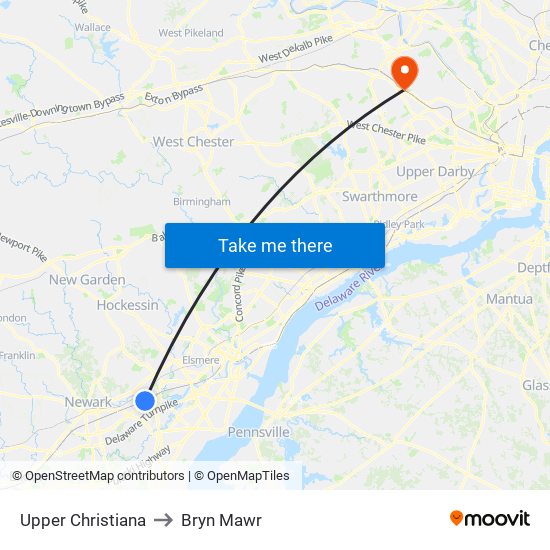 Upper Christiana to Bryn Mawr map